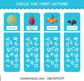 Circle the first letters of cartoon fruits. Matching game. Educational game for pre shool years kids and toddlers