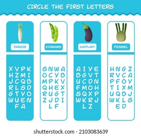 Circle the first letters of cartoon vegetables. Matching game. Educational game for pre shool years kids and toddlers