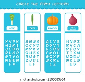 Kreuzen Sie die ersten Buchstaben von Cartoon Gemüse. Matching Game. Erziehungsspiel für Kinder und Kleinkinder im Vorschulalter