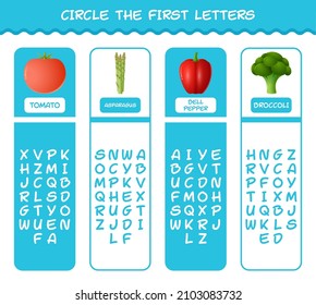 Circle the first letters of cartoon vegetables. Matching game. Educational game for pre shool years kids and toddlers