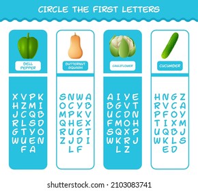 Circle the first letters of cartoon vegetables. Matching game. Educational game for pre shool years kids and toddlers