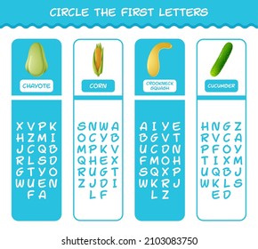 Circle the first letters of cartoon vegetables. Matching game. Educational game for pre shool years kids and toddlers