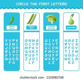 Circle the first letters of cartoon vegetables. Matching game. Educational game for pre shool years kids and toddlers