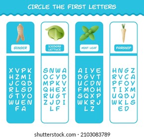 Circle the first letters of cartoon vegetables. Matching game. Educational game for pre shool years kids and toddlers