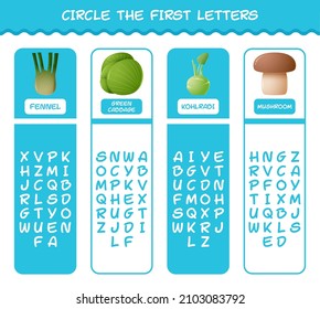 Circle the first letters of cartoon vegetables. Matching game. Educational game for pre shool years kids and toddlers