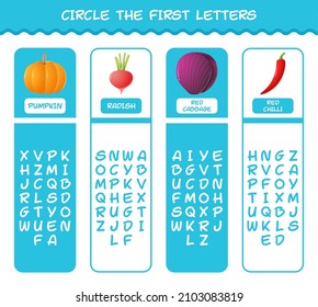 Circle the first letters of cartoon vegetables. Matching game. Educational game for pre shool years kids and toddlers