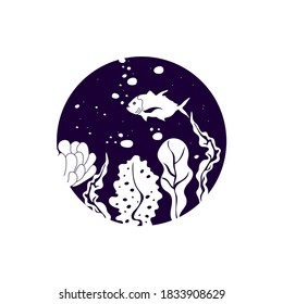 Circle with Fish and Algae White Silhouettes Vector Illustration. Marine Flora and Fauna from Ocean Bottom