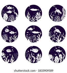 Circle with Fish and Algae White Silhouettes Vector Set. Marine Flora and Fauna from Ocean Bottom