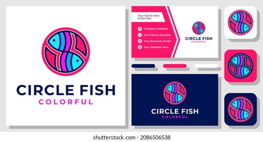 Circle Fish Colorful Animal Water Sea Food Ocean Icon Logo Design with Business Card Template