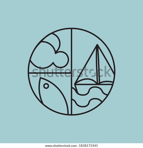 circle fishery icon divided into three parts.\
clouds, fish, ship in the sea\

