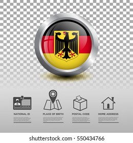 Circle flag of Germany in glossy icon button with national Id, place of birth, postal code and home address flat icon on transparent background. Vector illustration eps.10