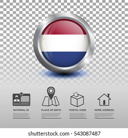 Circle flag of Holland in glossy icon button with national Id, place of birth, postal code and home address flat icon on transparent background. Vector illustration eps.10
