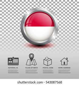 Circle flag of Indonesia in glossy icon button with national Id, place of birth, postal code and home address flat icon on transparent background. Vector illustration eps.10