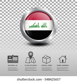 Circle flag of Iraq in glossy icon button with national Id, place of birth, postal code and home address flat icon on transparent background. Vector illustration eps.10