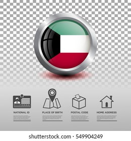 Circle flag of Kuwait in glossy icon button with national Id, place of birth, postal code and home address flat icon on transparent background. Vector illustration eps.10