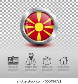 Circle flag of Macedonia in glossy icon button with national Id, place of birth, postal code and home address flat icon on transparent background. Vector illustration eps.10