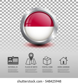 Circle flag of Monaco in glossy icon button with national Id, place of birth, postal code and home address flat icon on transparent background. Vector illustration eps.10