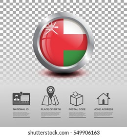 Circle flag of Oman in glossy icon button with national Id, place of birth, postal code and home address flat icon on transparent background. Vector illustration eps.10