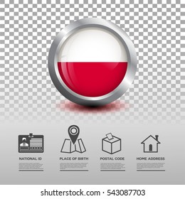 Circle flag of Poland in glossy icon button with national Id, place of birth, postal code and home address flat icon on transparent background. Vector illustration eps.10