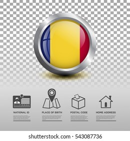 Circle flag of Romania in glossy icon button with national Id, place of birth, postal code and home address flat icon on transparent background. Vector illustration eps.10