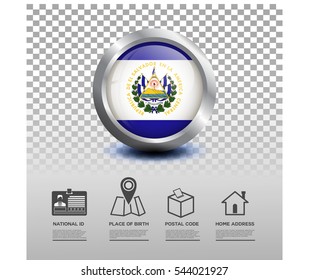 Circle flag of Salvador in glossy icon button with national Id, place of birth, postal code and home address flat icon on transparent background. Vector illustration eps.10