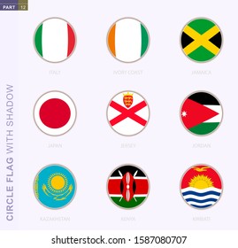 Circle flag with shadow, collection of nine round flag. Vector flags of 9 countries: Italy, Ivory coast, Jamaica, Japan, Jersey, Jordan, Kazakhstan, Kenya, Kiribati