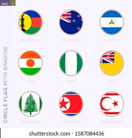 Circle flag with shadow, collection of nine round flag. Vector flags of 9 countries: New Caledonia, New Zealand, Nicaragua, Niger, Nigeria, Niue, Norfolk Island, North Korea, Northern Cyprus