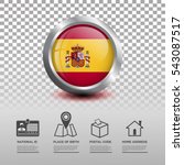 Circle flag of Spain in glossy icon button with national Id, place of birth, postal code and home address flat icon on transparent background. Vector illustration eps.10