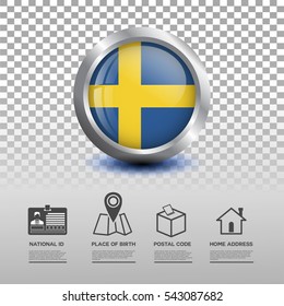 Circle flag of Sweden in glossy icon button with national Id, place of birth, postal code and home address flat icon on transparent background. Vector illustration eps.10