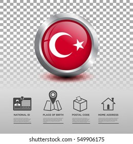 Circle flag of Turkey in glossy icon button with national Id, place of birth, postal code and home address flat icon on transparent background. Vector illustration eps.10