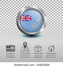 Circle flag of Tuvalu in glossy icon button with national Id, place of birth, postal code and home address flat icon on transparent background. Vector illustration eps.10