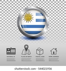 Circle flag of Uruguay in glossy icon button with national Id, place of birth, postal code and home address flat icon on transparent background. Vector illustration eps.10