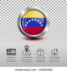 Circle flag of Venezuela in glossy icon button with national Id, place of birth, postal code and home address flat icon on transparent background. Vector illustration eps.10