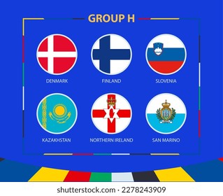 Circle flags of Group H. Participants of qualifying European football tournament 2024. Football vector background.