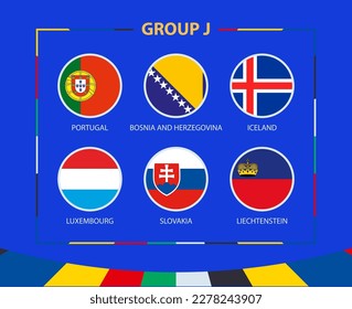 Circle flags of Group J. Participants of qualifying European football tournament 2024. Football vector background.