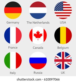 Circle flags icon or badges set. Round National symbol of USA, UK, Holland, the Netherlands, Germany, Italy, Canada, France, Russia and Belgium. Vector illustration.