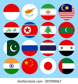 Circle flags icons in flat style. Asia. countries. Vector illustration