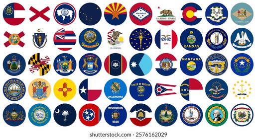 Circle Flags of the U.S. states and territories, 50 State Circle Flags of USA Icon Vector Images