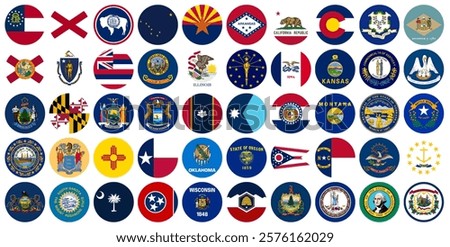 Circle Flags of the U.S. states and territories, 50 State Circle Flags of USA Icon Vector Images