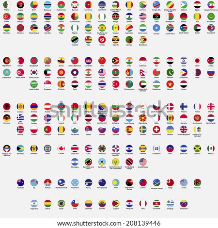 Circle flags of the world, all sovereign states recognized by UN, collection, listed alphabetically by continents, eps 10 
