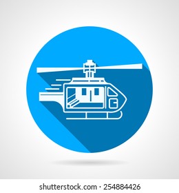 Circle flat blue vector icon with white silhouette rescue or ambulance helicopter. Long shadow design.