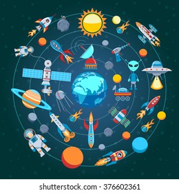 Circle Flat Composition Of Space Icons