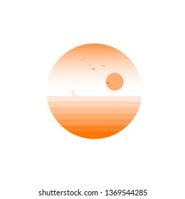 Circle flat logo design of sea with sun and ship. Vector illustration