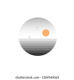 Circle flat logo design of sea with sun and ship. Vector illustration