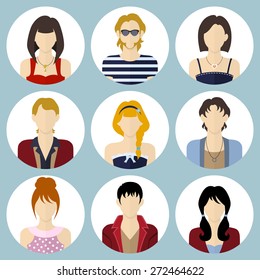 Circle flat style icons set. Men and women in different clothes, hairstyles. Vector illustration