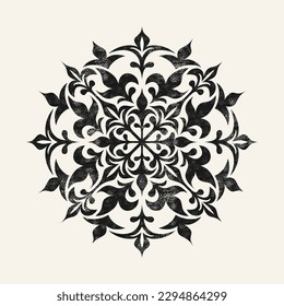 Circle floral alpona template with rough texture for your design. Black print on white background