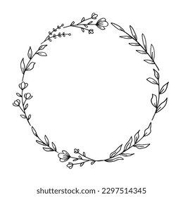 Circle floral border with hand drawn leaves and flowers on a white background