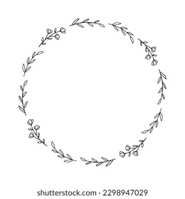 Circle Floral border with hand drawn flowers for wedding invitation or greeting card isolated on white background