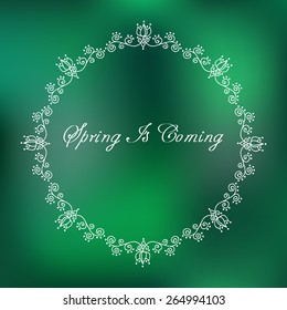 Circle floral border on blurred background. Hand-drawn sketch frame in green design