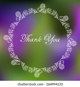 Circle floral border on blurred background. Hand-drawn sketch frame in violet design
